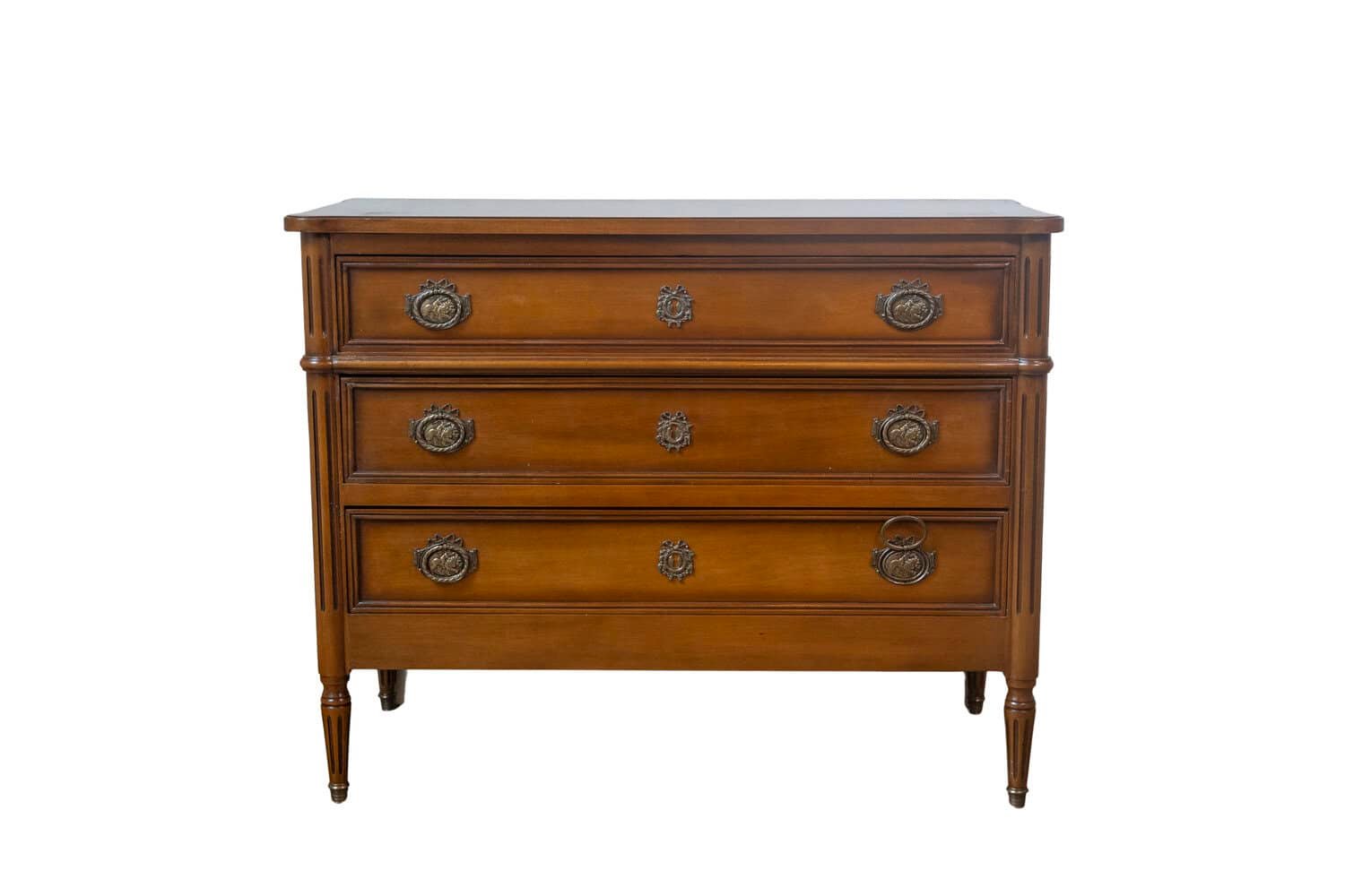 French Louis XVI Style Light Walnut Commode with Three Drawers and Fluted Motifs