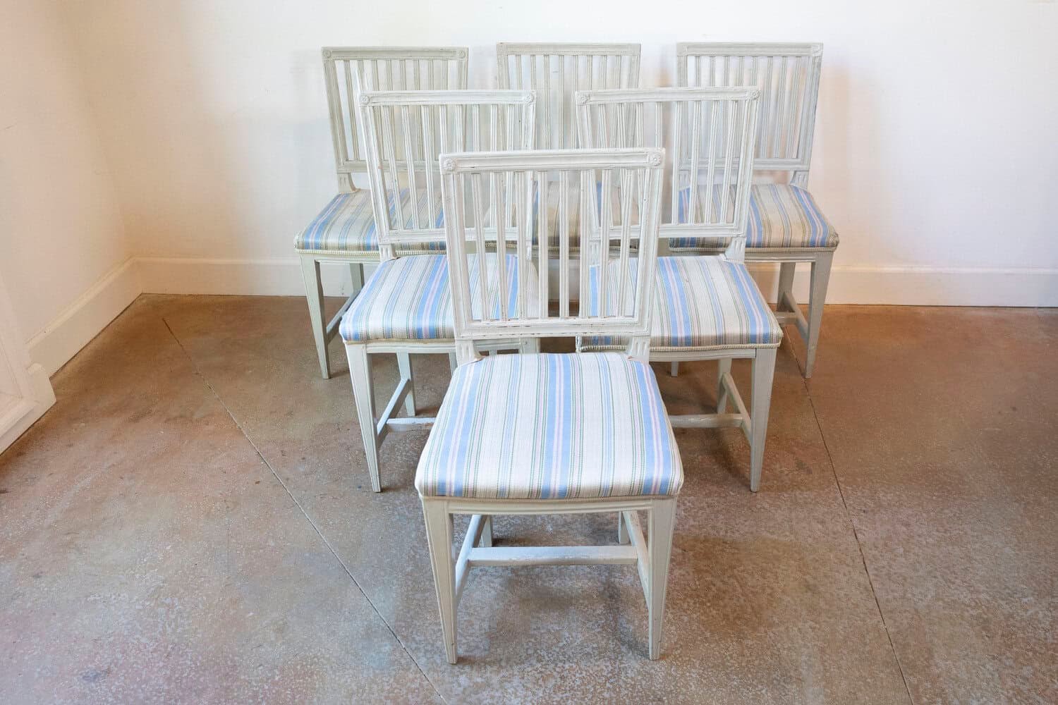 Six Swedish Gustavian Style 1850s Painted Wood Side Chairs with Carved Rosettes 4 - JAA