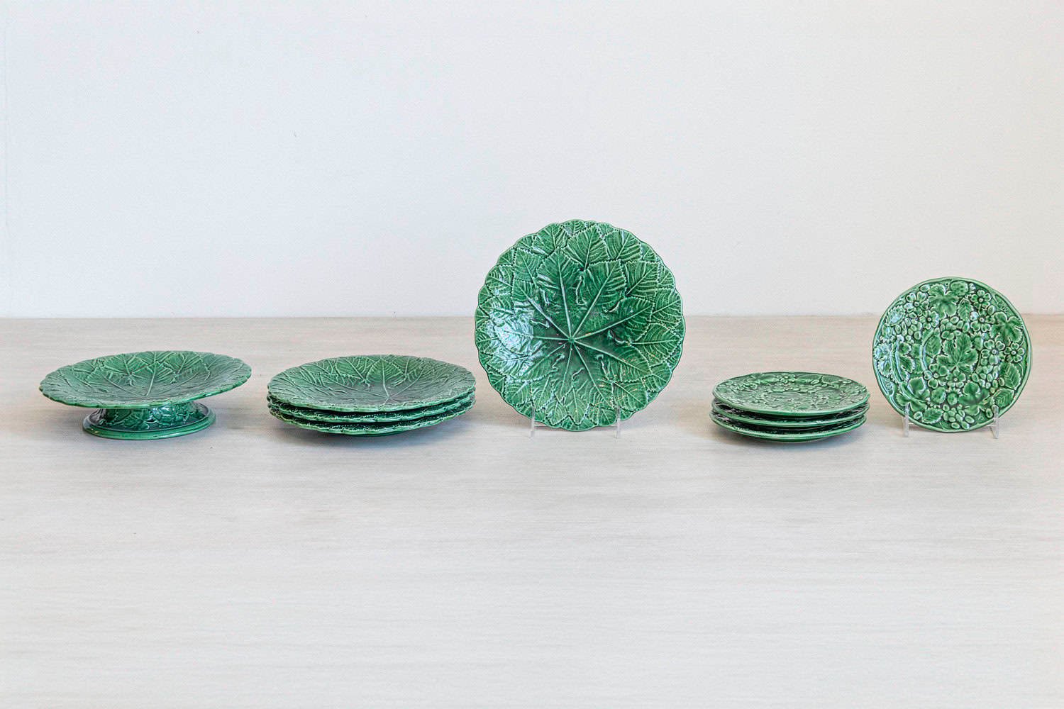 French 20th Century Green Glazed Porcelain Set of Nine with Eight Plates and Compote - JAA