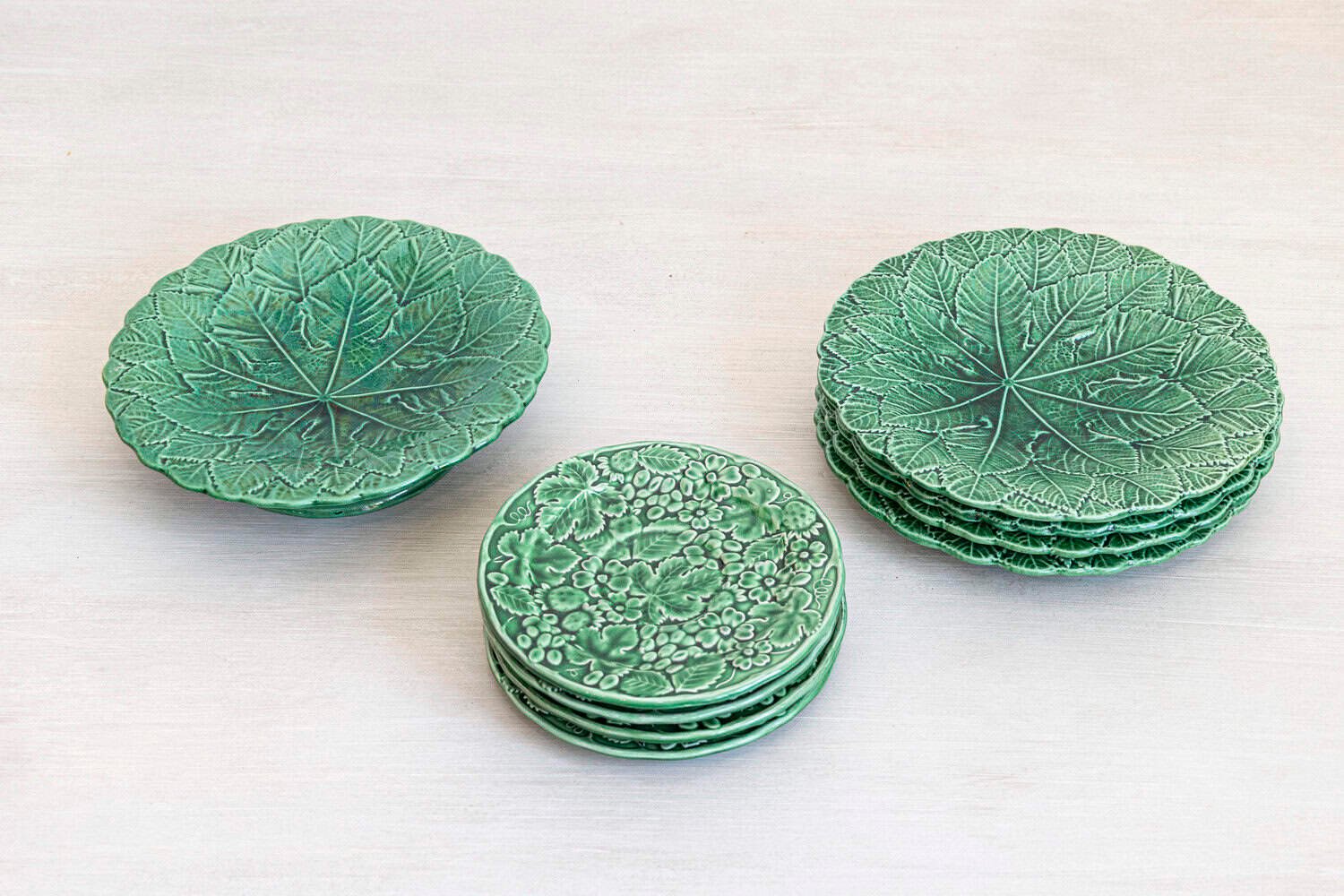 French 20th Century Green Glazed Porcelain Set of Nine with Eight Plates and Compote - JAA