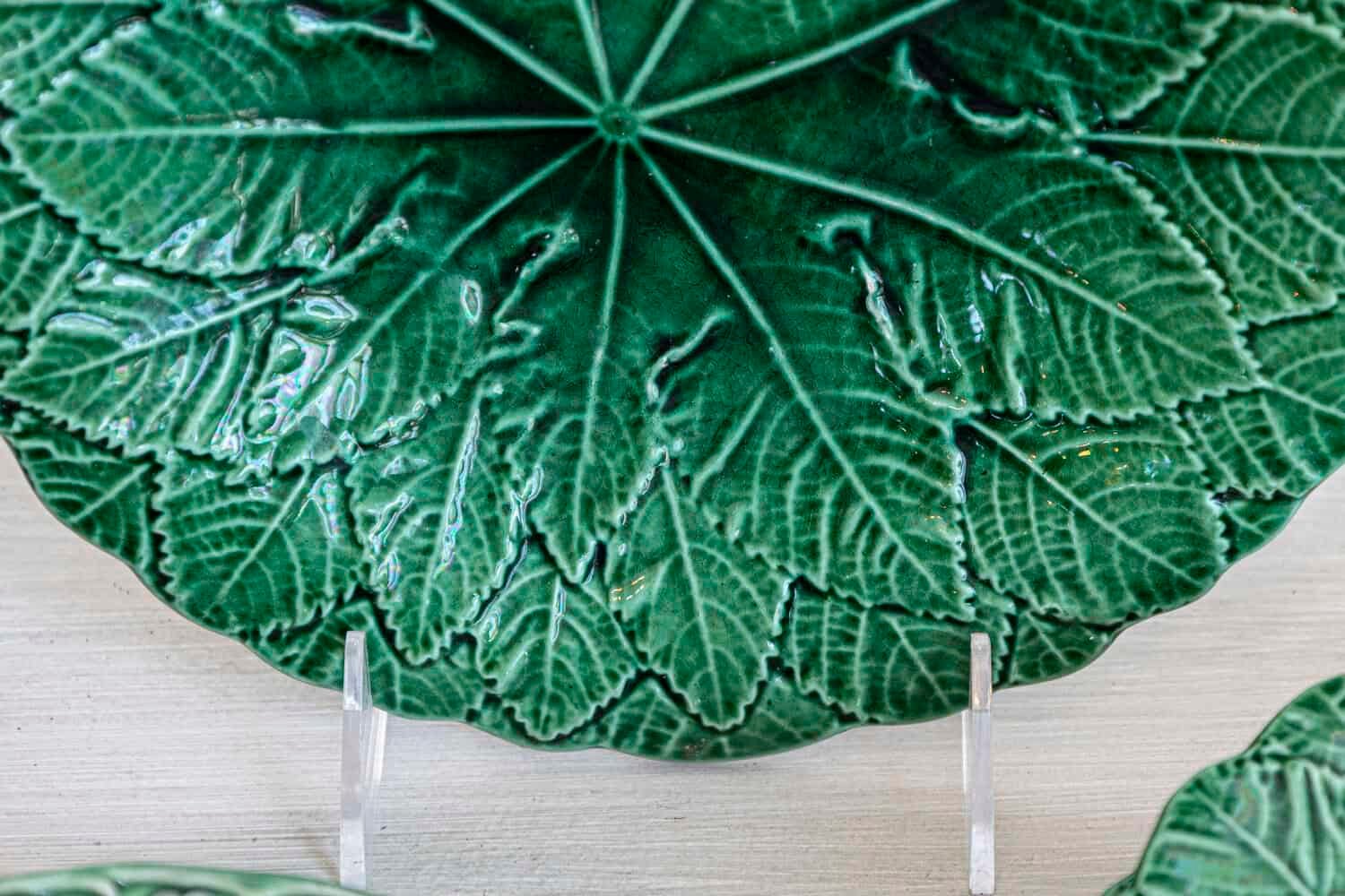 French 20th Century Green Glazed Porcelain Set of Nine with Eight Plates and Compote - JAA