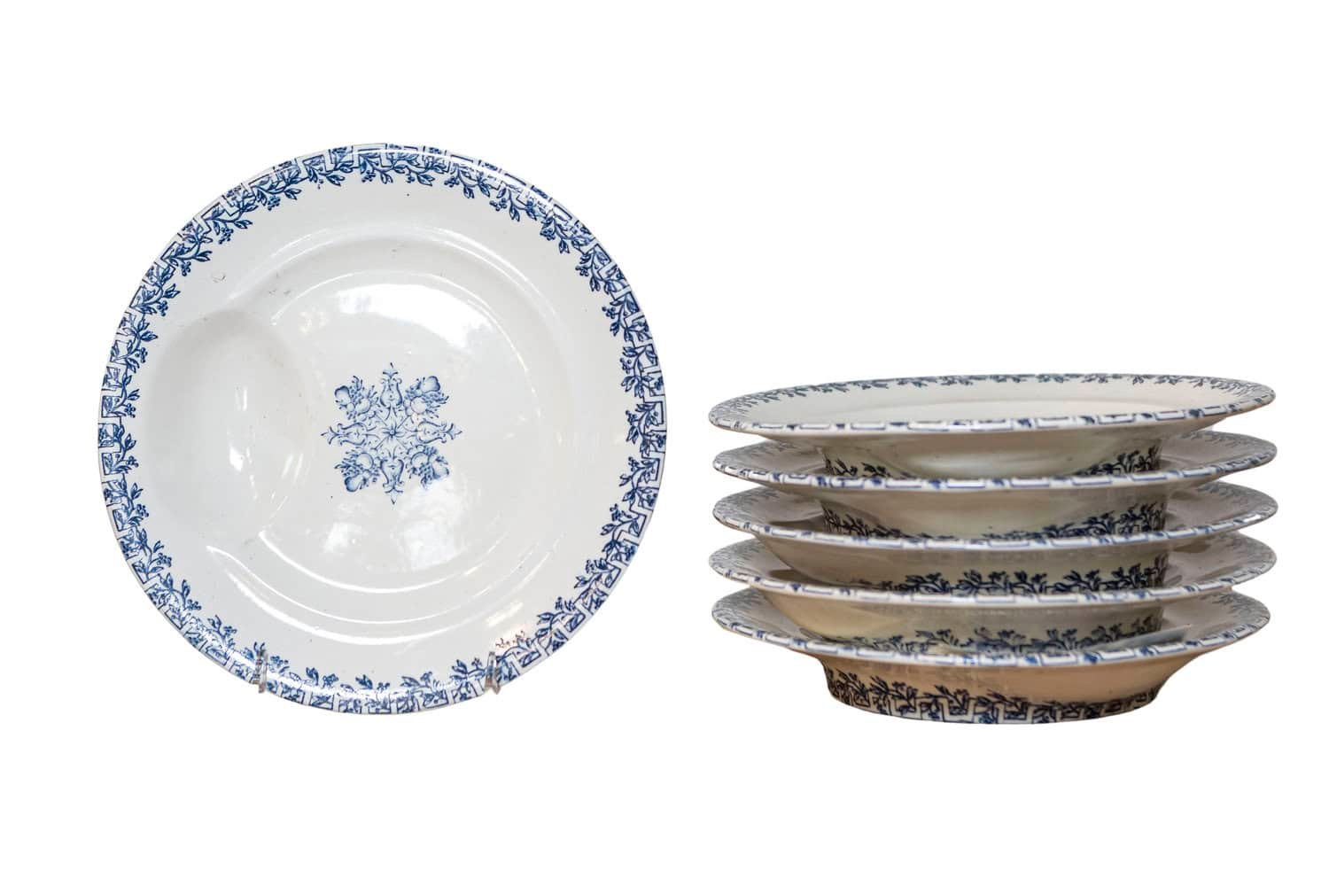 French Terre de Fer 19th Century Blue and White Asparagus Plates