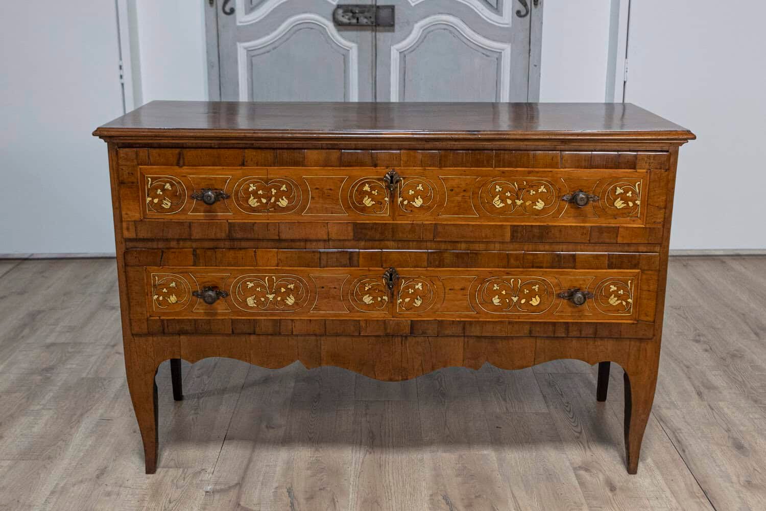 Italian 18th Century Walnut, Mahogany and Ash Two-Drawer Commode with Marquetry - JAA