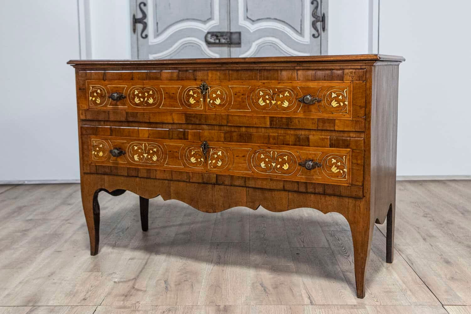 Italian 18th Century Walnut, Mahogany and Ash Two-Drawer Commode with Marquetry - JAA