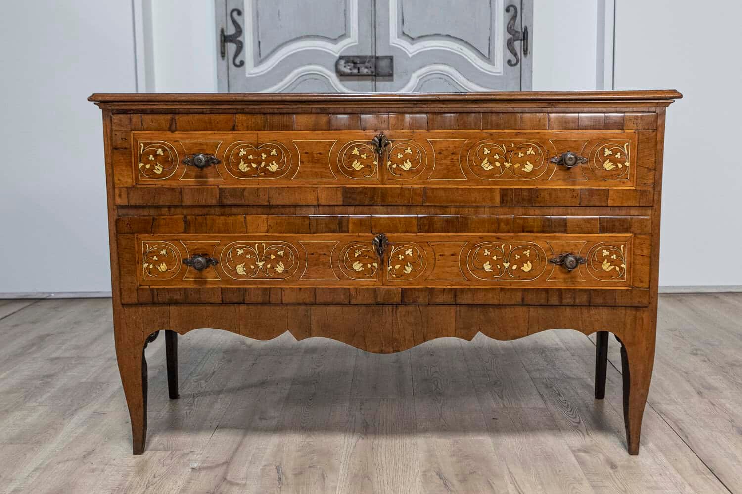 Italian 18th Century Walnut, Mahogany and Ash Two-Drawer Commode with Marquetry - JAA