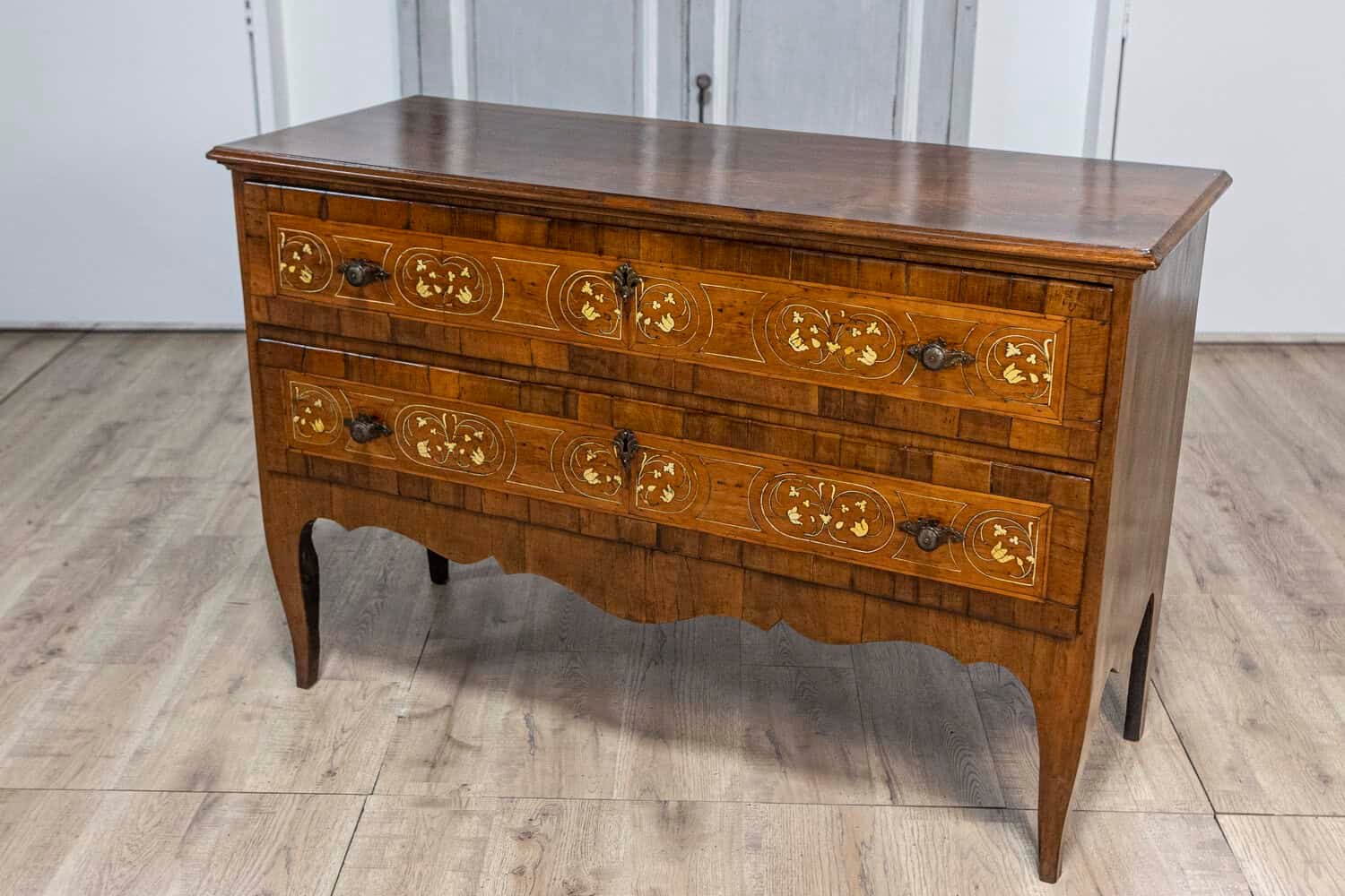 Italian 18th Century Walnut, Mahogany and Ash Two-Drawer Commode with Marquetry - JAA