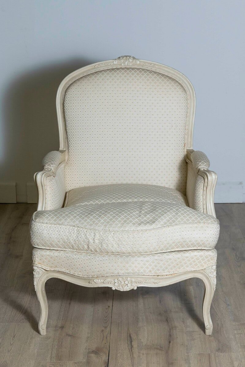 Louis XV Style French Cream Painted Wood Carved Bergères Chairs, a Pair - JAA