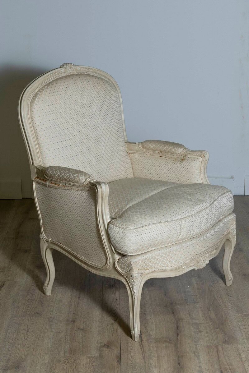 Louis XV Style French Cream Painted Wood Carved Bergères Chairs, a Pair - JAA