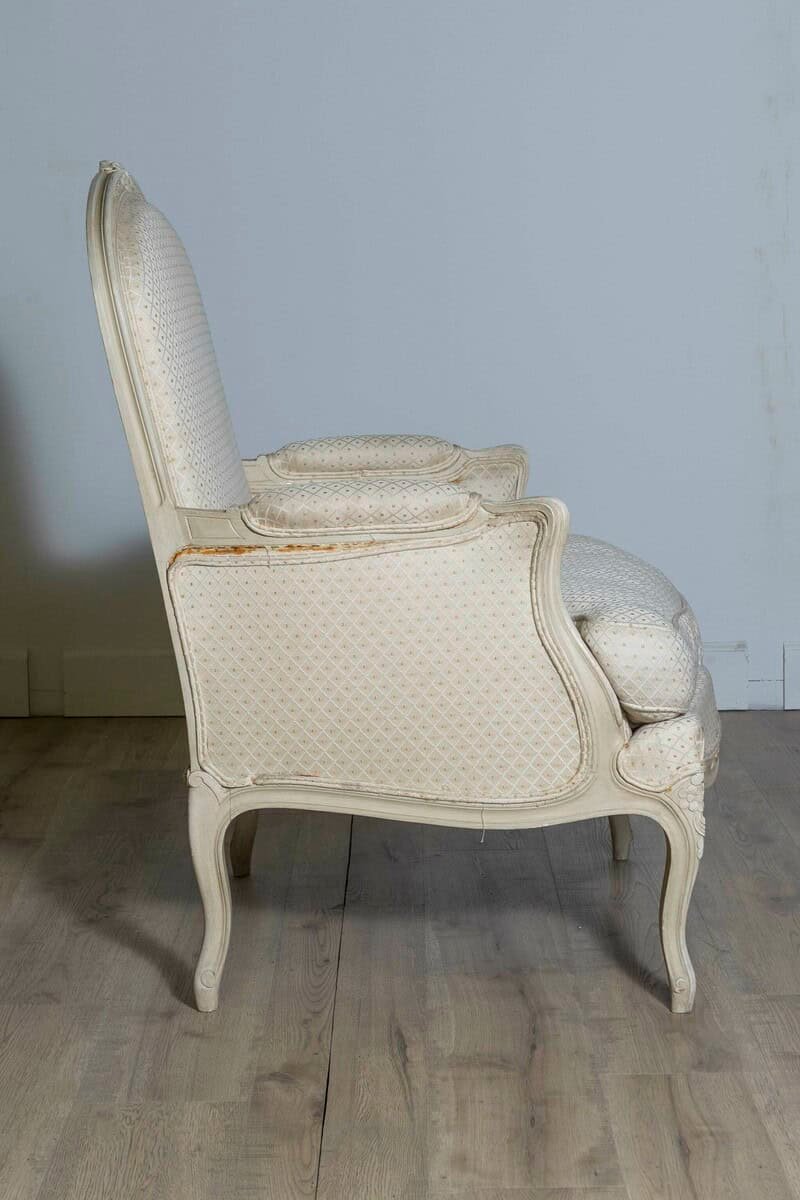 Louis XV Style French Cream Painted Wood Carved Bergères Chairs, a Pair - JAA