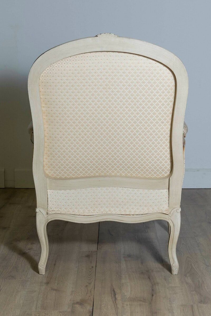 Louis XV Style French Cream Painted Wood Carved Bergères Chairs, a Pair - JAA