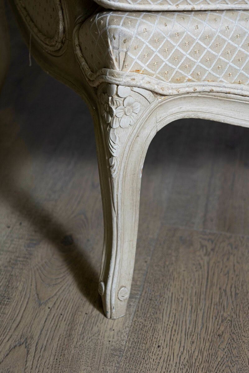 Louis XV Style French Cream Painted Wood Carved Bergères Chairs, a Pair - JAA