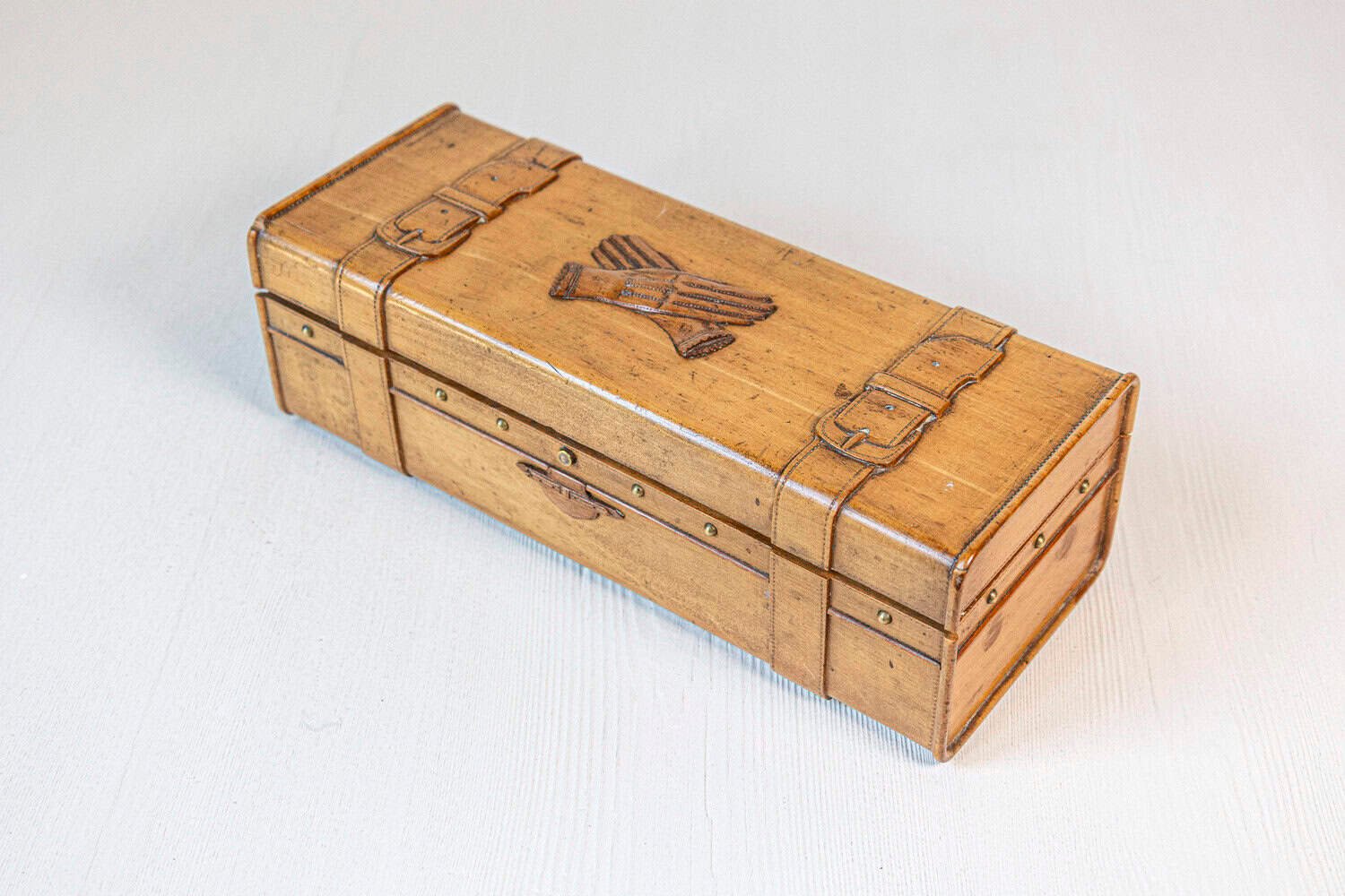 French 19th Century Cherry and Brass Glove Box with Low-Relief Carved Motifs - JAA