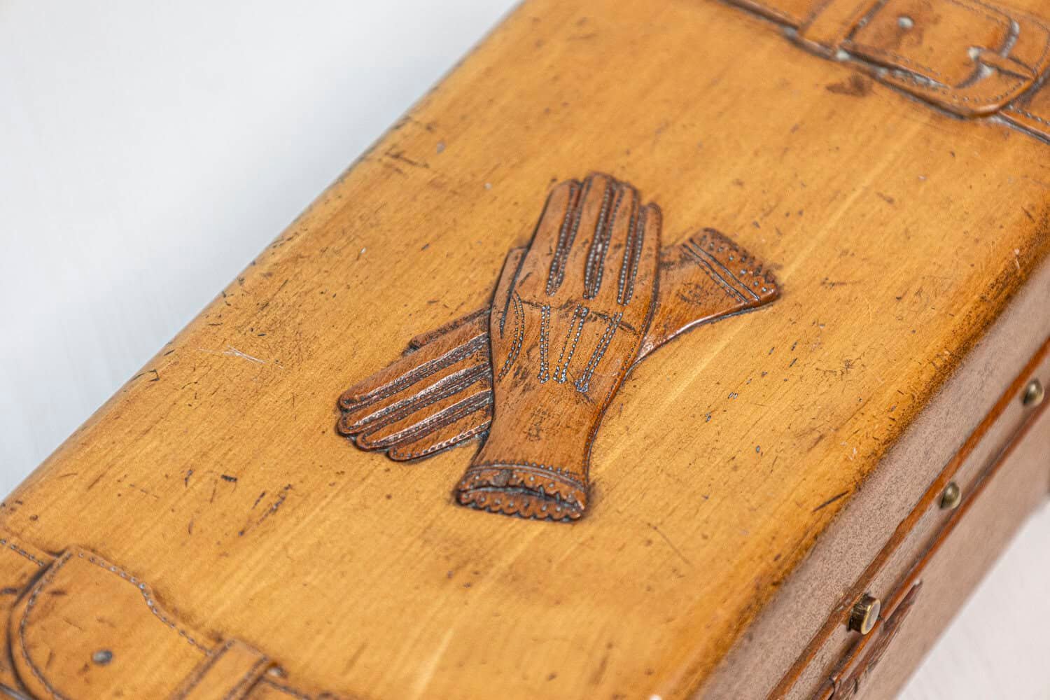 French 19th Century Cherry and Brass Glove Box with Low-Relief Carved Motifs - JAA