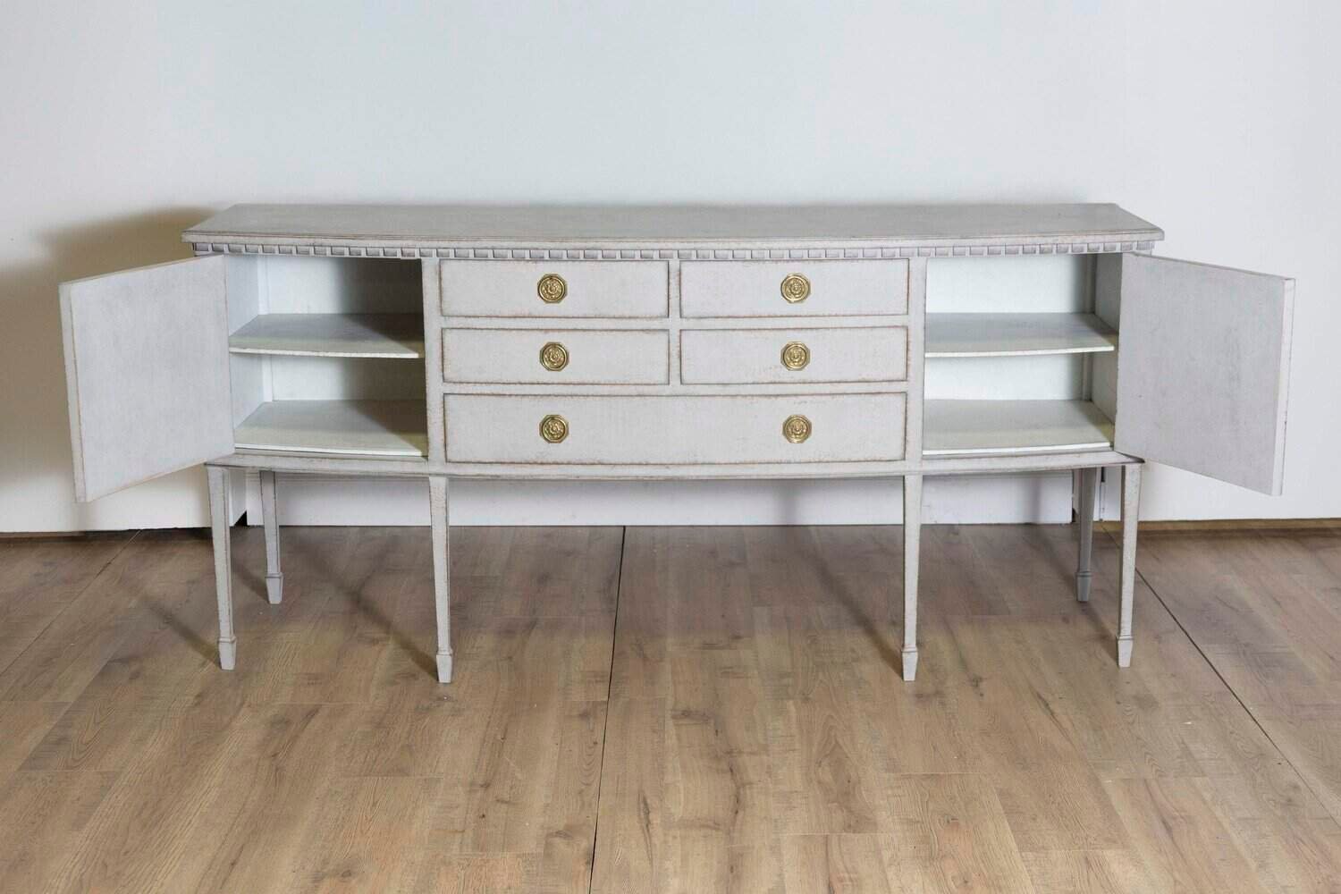 Neoclassical Style Painted Bow Front Sideboard with Two Doors and Five Drawers - JAA