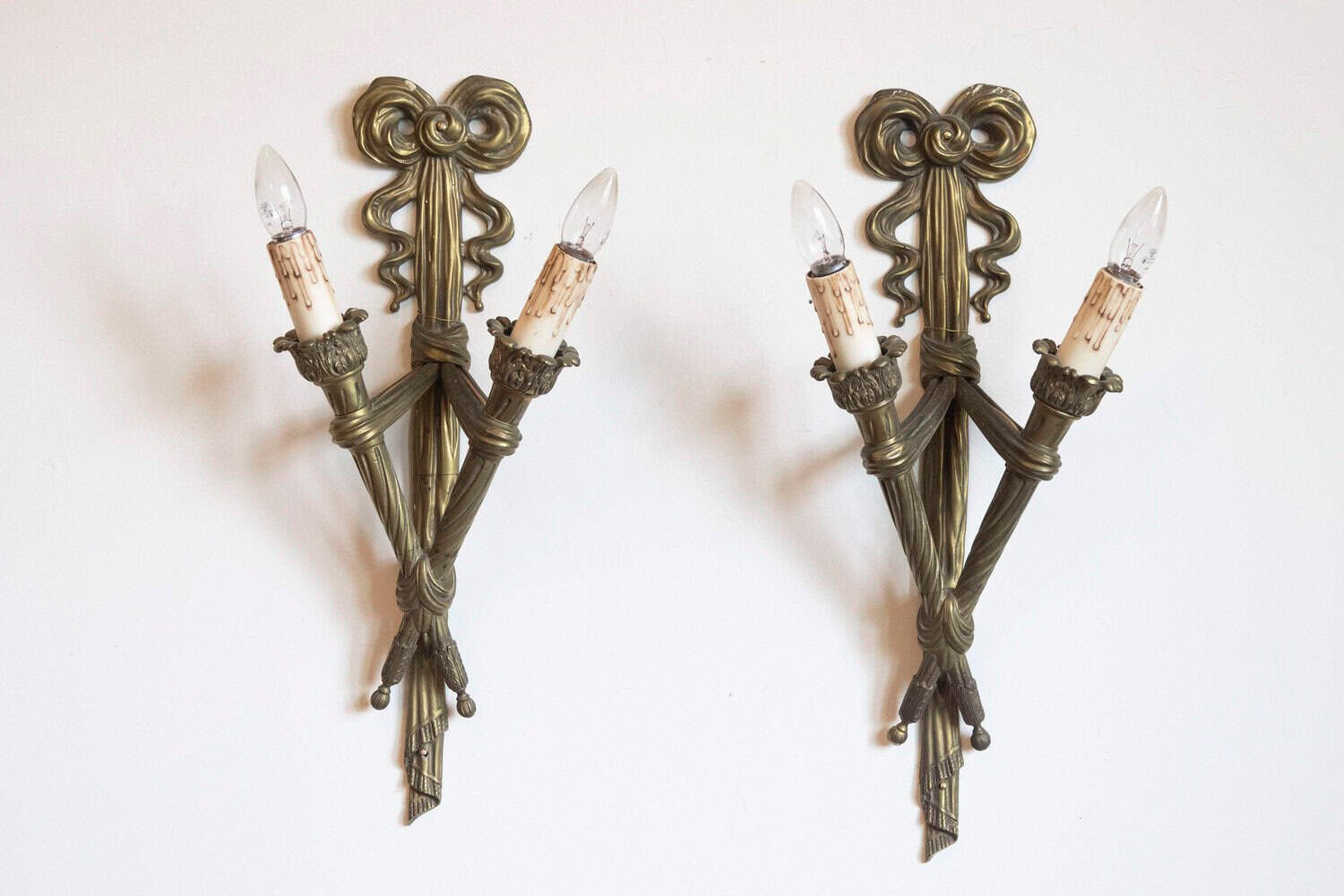 Pair of French 19th Century Bronze Two-Light Ribbon-Tied Wall Sconces, Wired - JAA