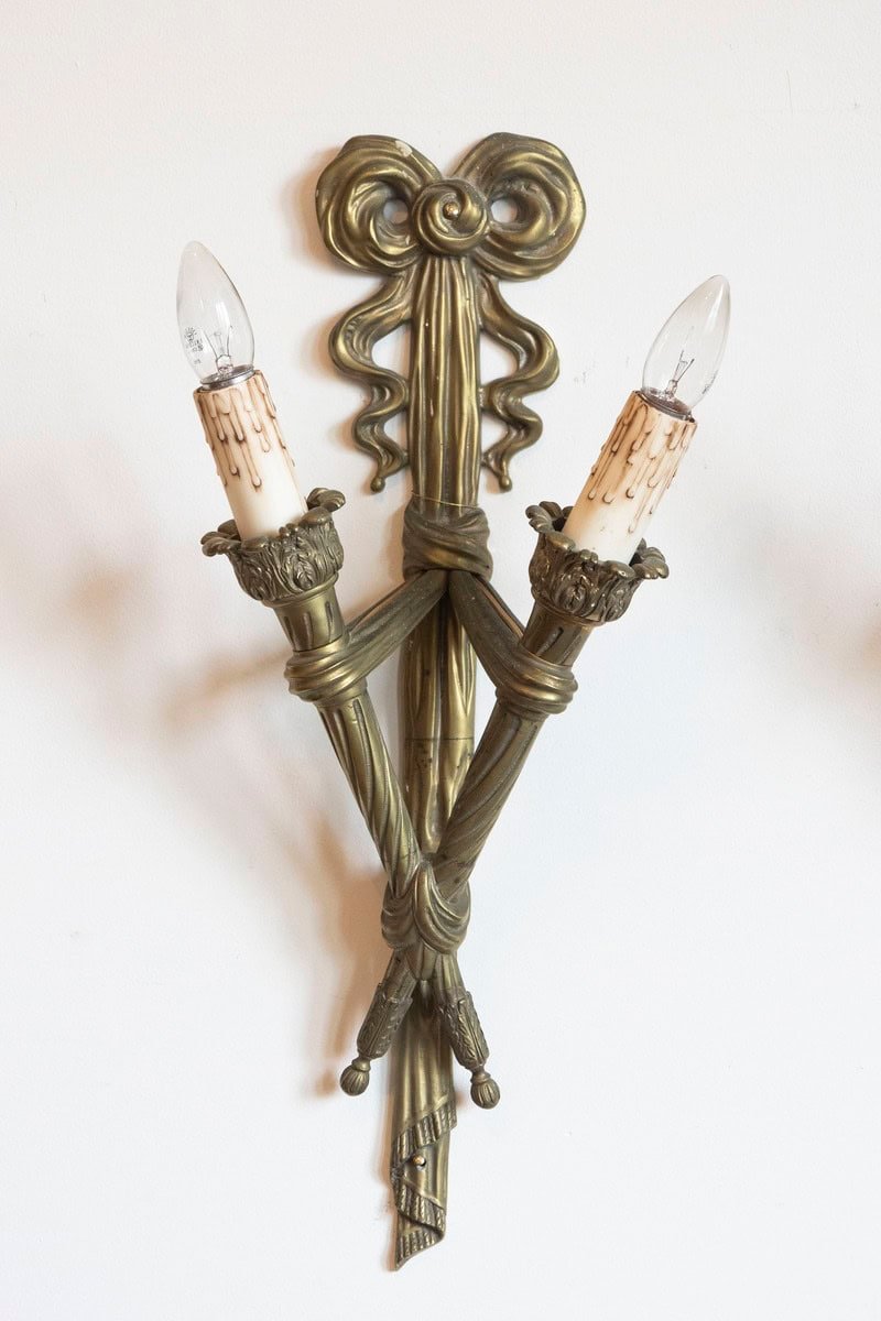 Pair of French 19th Century Bronze Two-Light Ribbon-Tied Wall Sconces, Wired - JAA