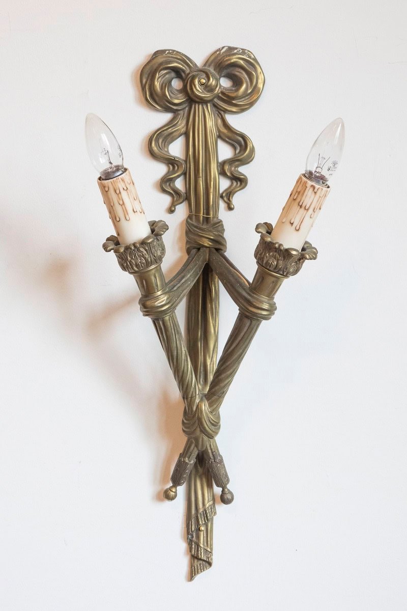 Pair of French 19th Century Bronze Two-Light Ribbon-Tied Wall Sconces, Wired - JAA