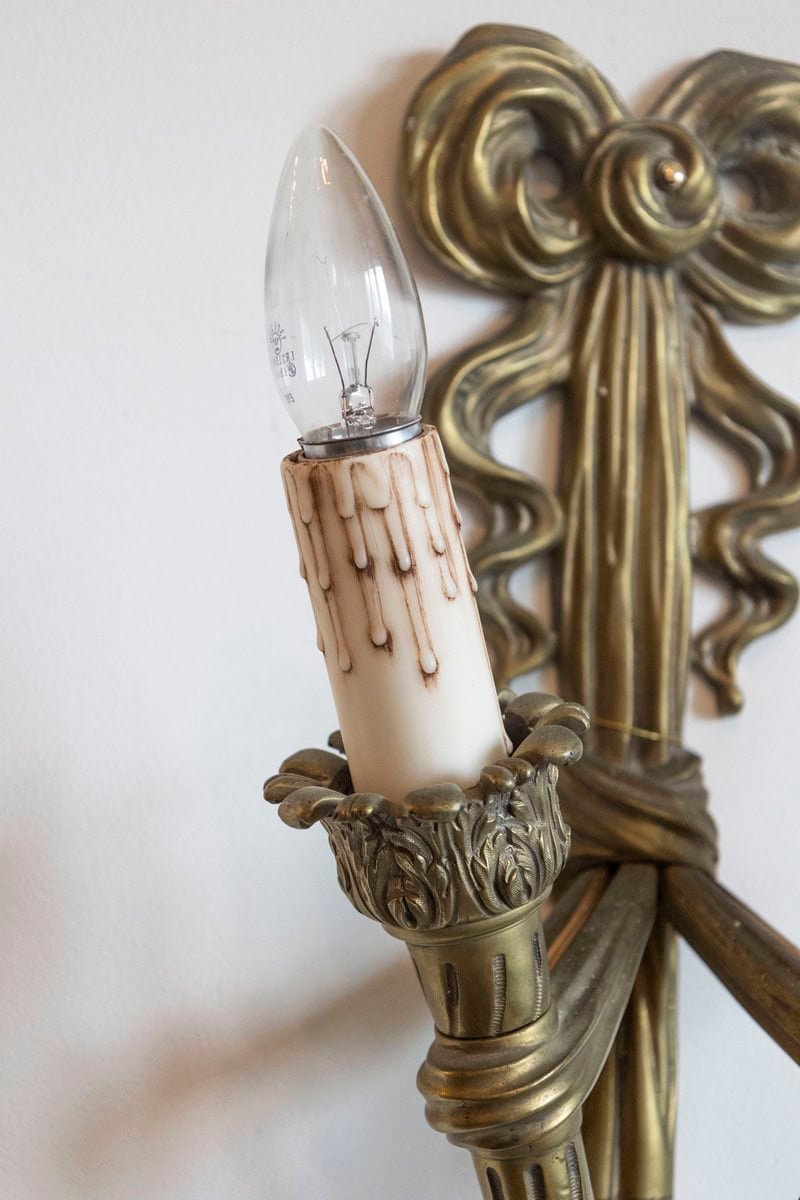 Pair of French 19th Century Bronze Two-Light Ribbon-Tied Wall Sconces, Wired - JAA