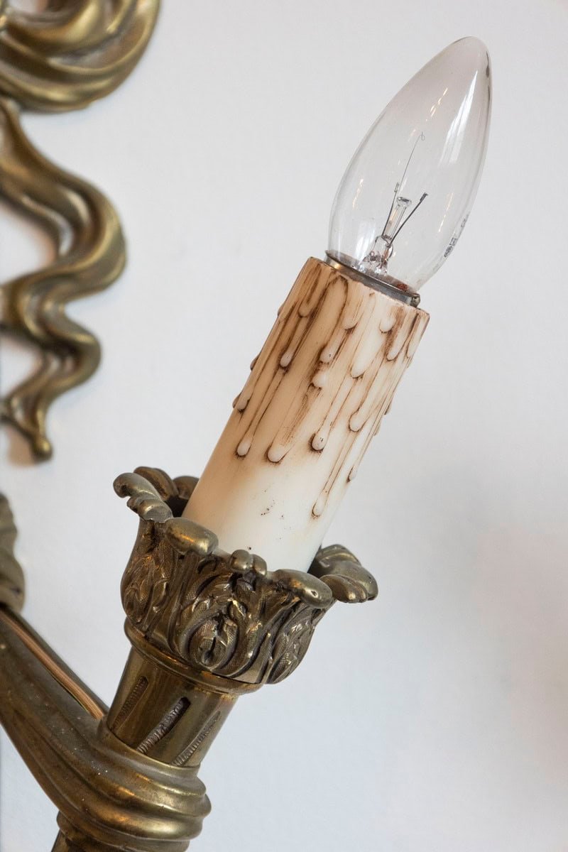 Pair of French 19th Century Bronze Two-Light Ribbon-Tied Wall Sconces, Wired - JAA