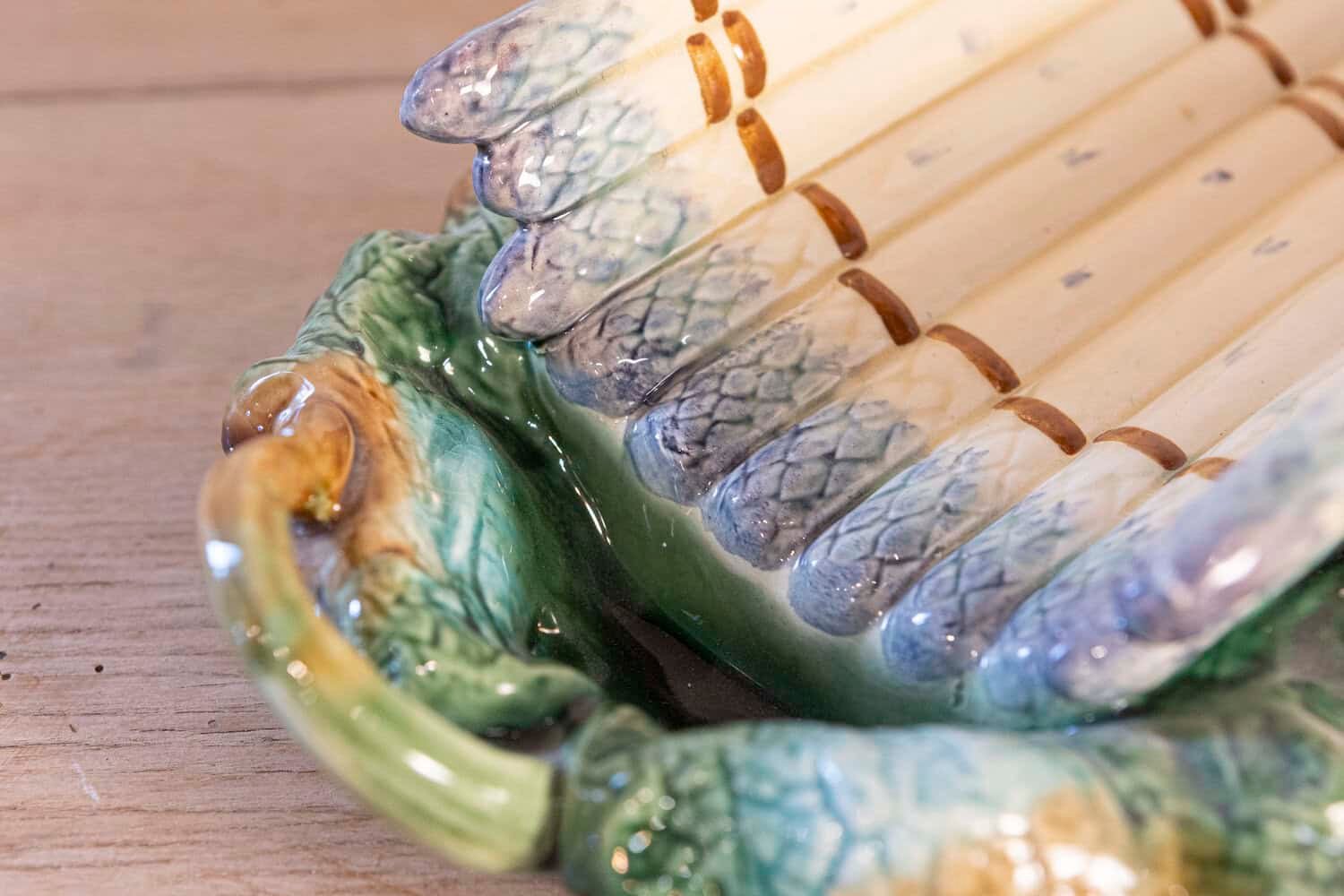 French 19th Century Majolica Asparagus Serving Tray with Oval Foliage Plate - JAA