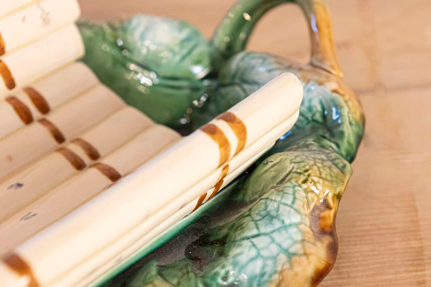 French 19th Century Majolica Asparagus Serving Tray with Oval Foliage Plate - JAA