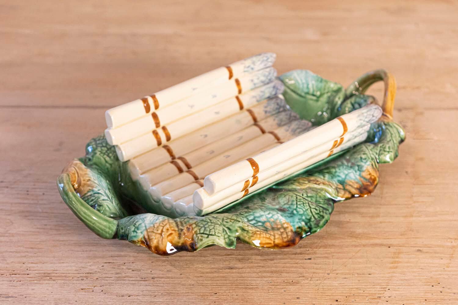 French 19th Century Majolica Asparagus Serving Tray with Oval Foliage Plate - JAA