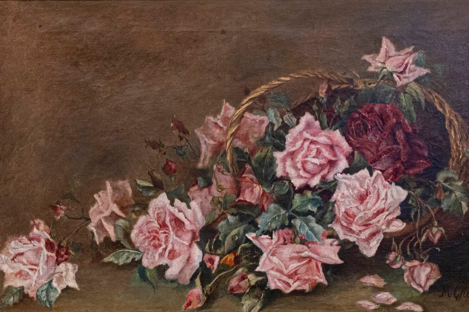 French 19th Century Framed Floral Oil on Canvas Painting Depicting Roses - JAA