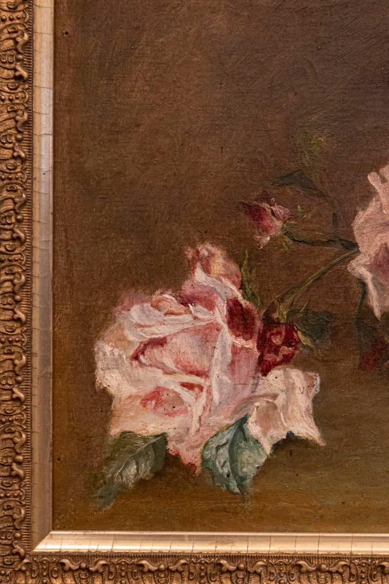 French 19th Century Framed Floral Oil on Canvas Painting Depicting Roses - JAA