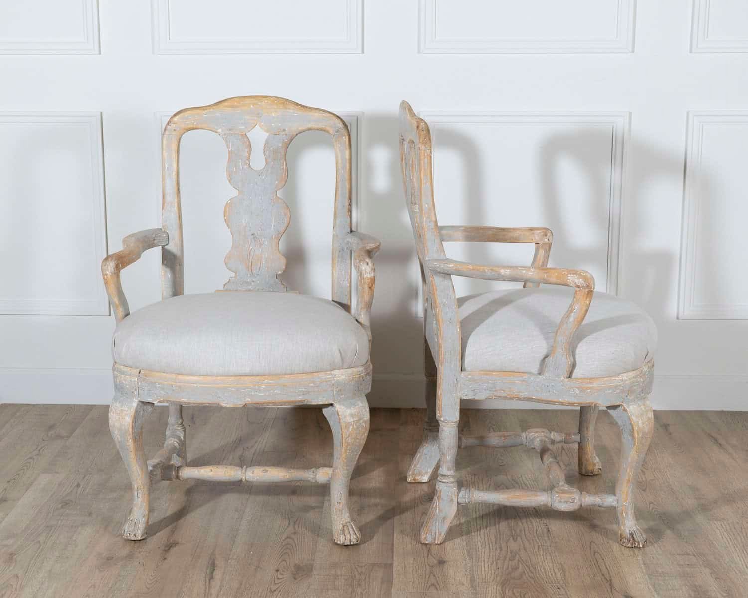 Pair of Swedish Rococo Carved Armchairs with Original Patina - JAA