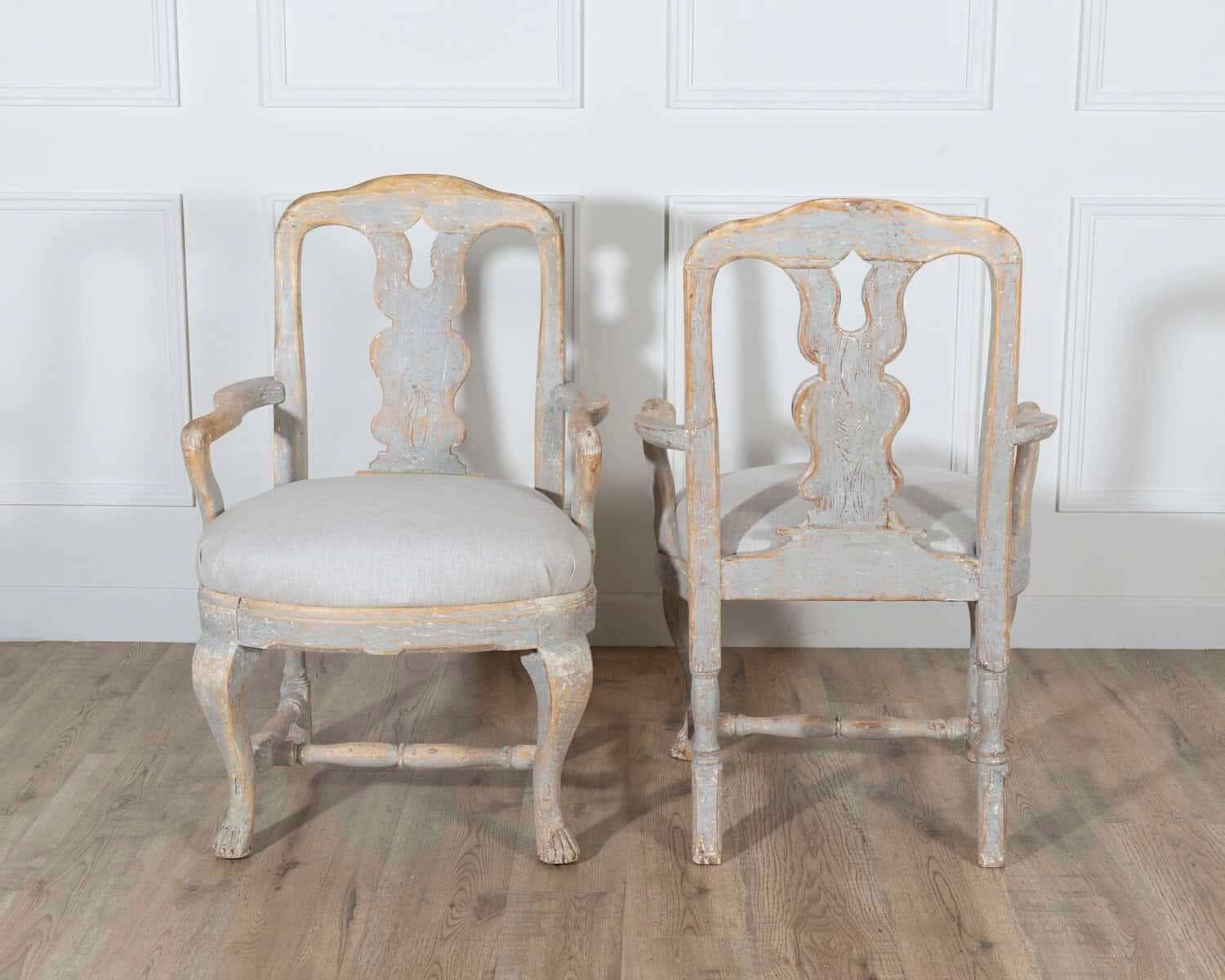 Pair of Swedish Rococo Carved Armchairs with Original Patina - JAA