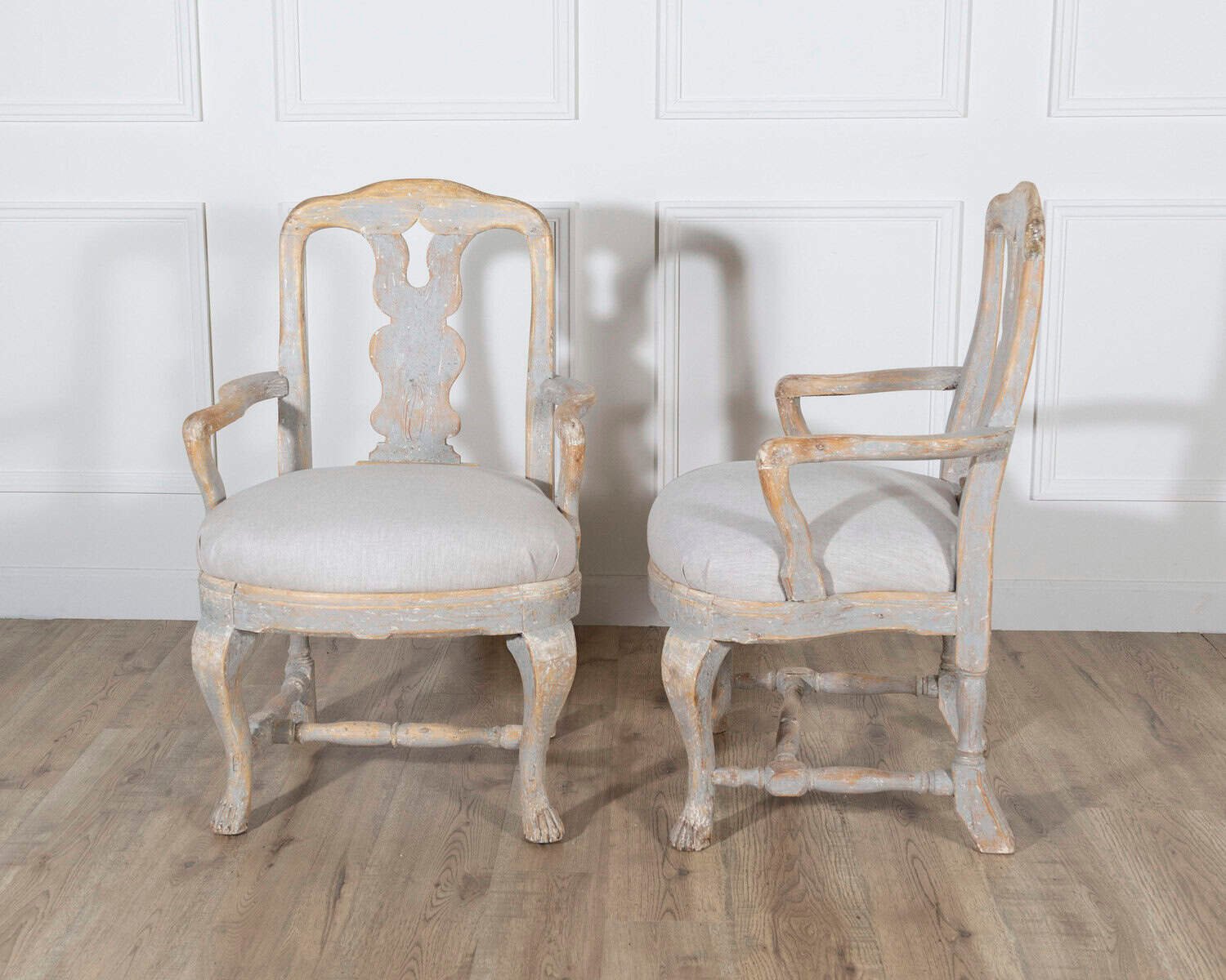 Pair of Swedish Rococo Carved Armchairs with Original Patina - JAA