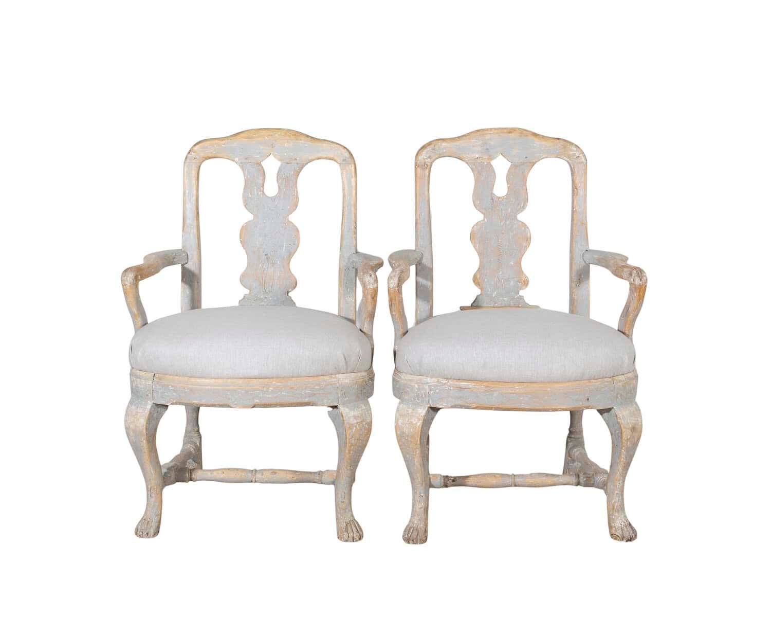 Pair of Swedish Rococo Carved Armchairs with Original Patina