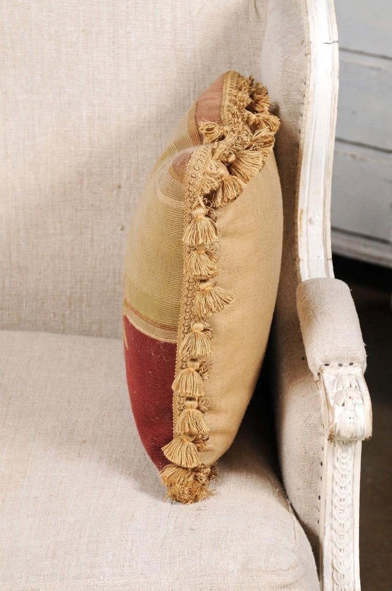 French 19th Century Aubusson Tapestry Pillow with Rose, Foliage and Tassels - JAA