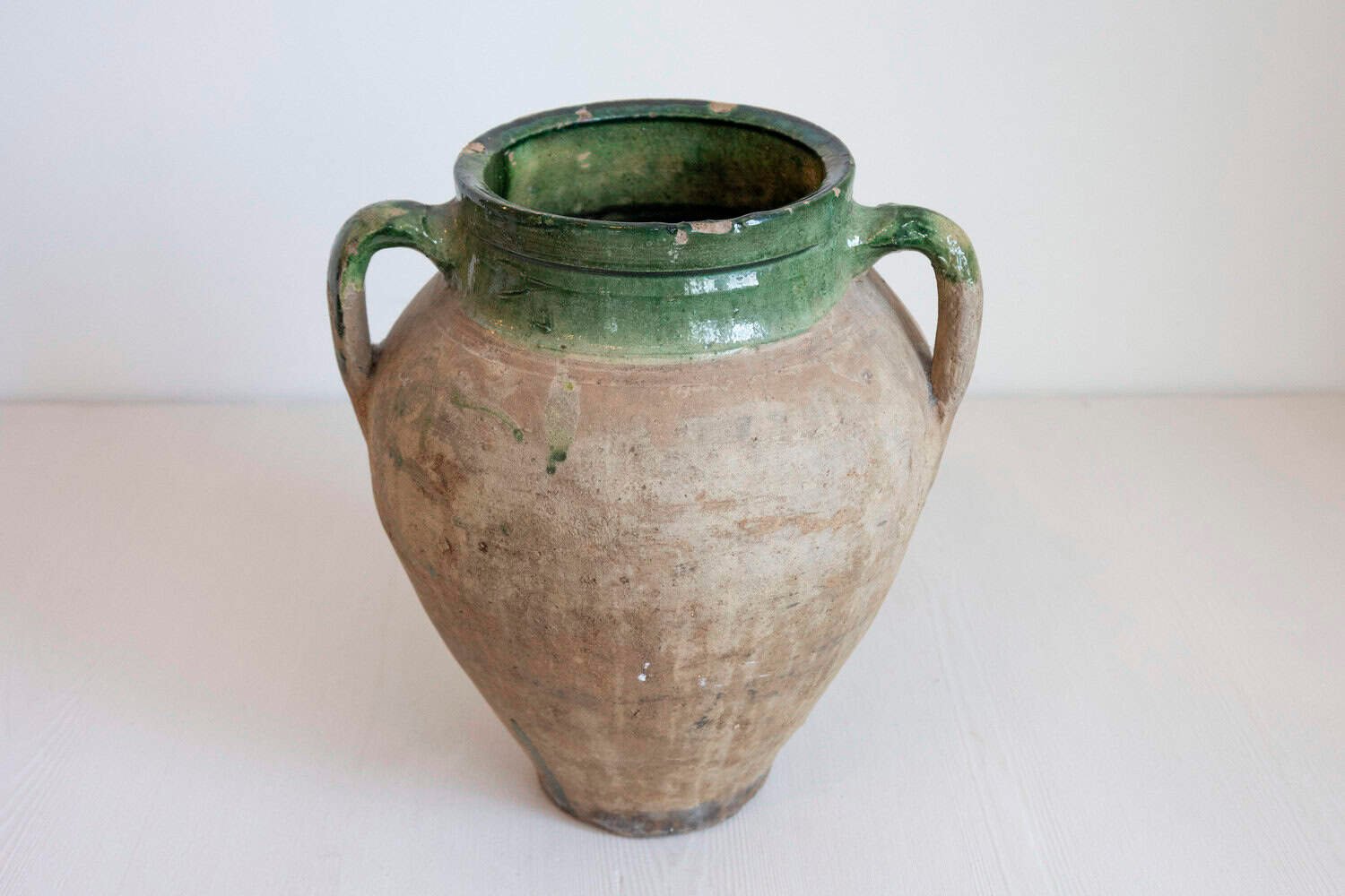 English Rustic 1930s Terracotta Olive Oil Jar Circa 1930 with Green Glazed Top - JAA
