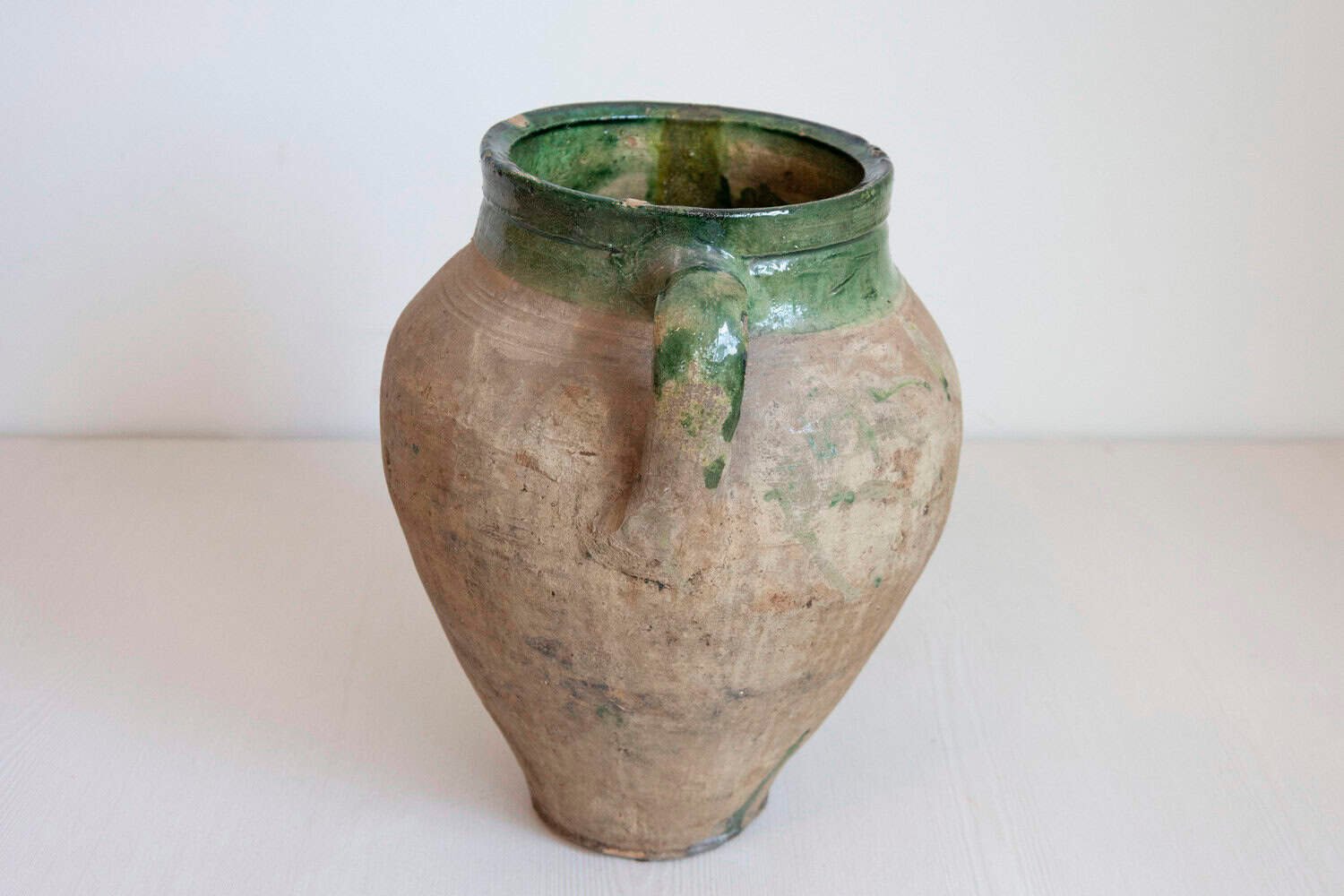 English Rustic 1930s Terracotta Olive Oil Jar Circa 1930 with Green Glazed Top - JAA
