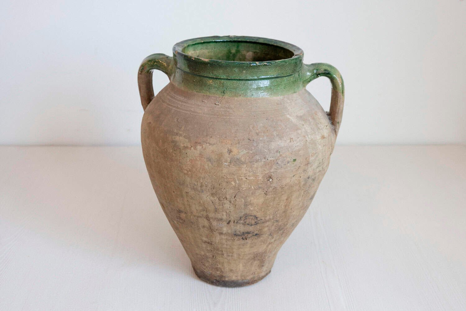 English Rustic 1930s Terracotta Olive Oil Jar Circa 1930 with Green Glazed Top - JAA