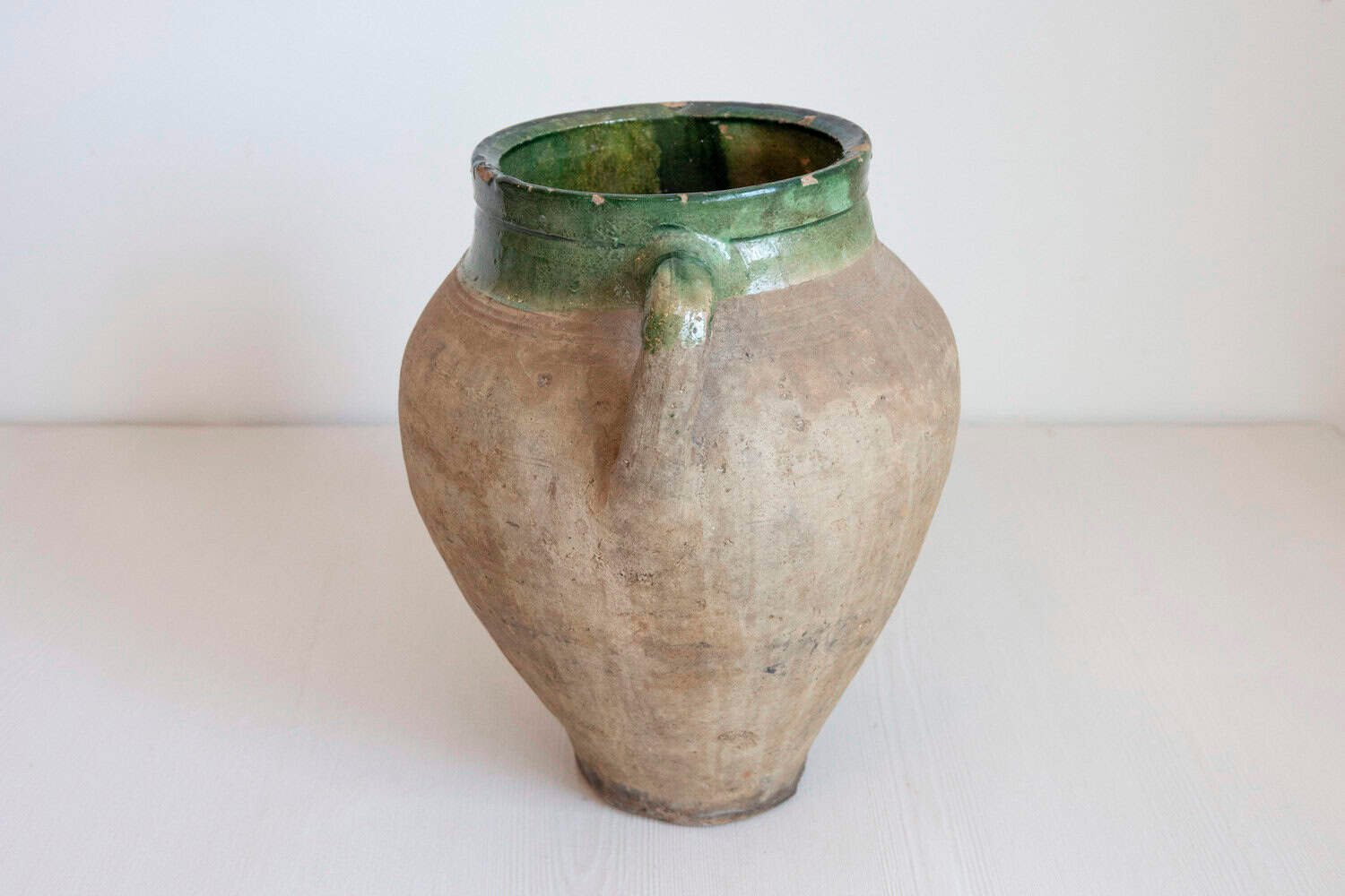 English Rustic 1930s Terracotta Olive Oil Jar Circa 1930 with Green Glazed Top - JAA