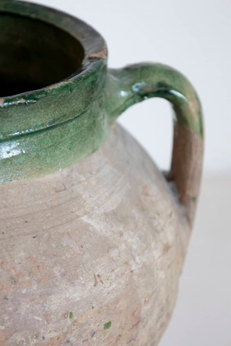 English Rustic 1930s Terracotta Olive Oil Jar Circa 1930 with Green Glazed Top - JAA