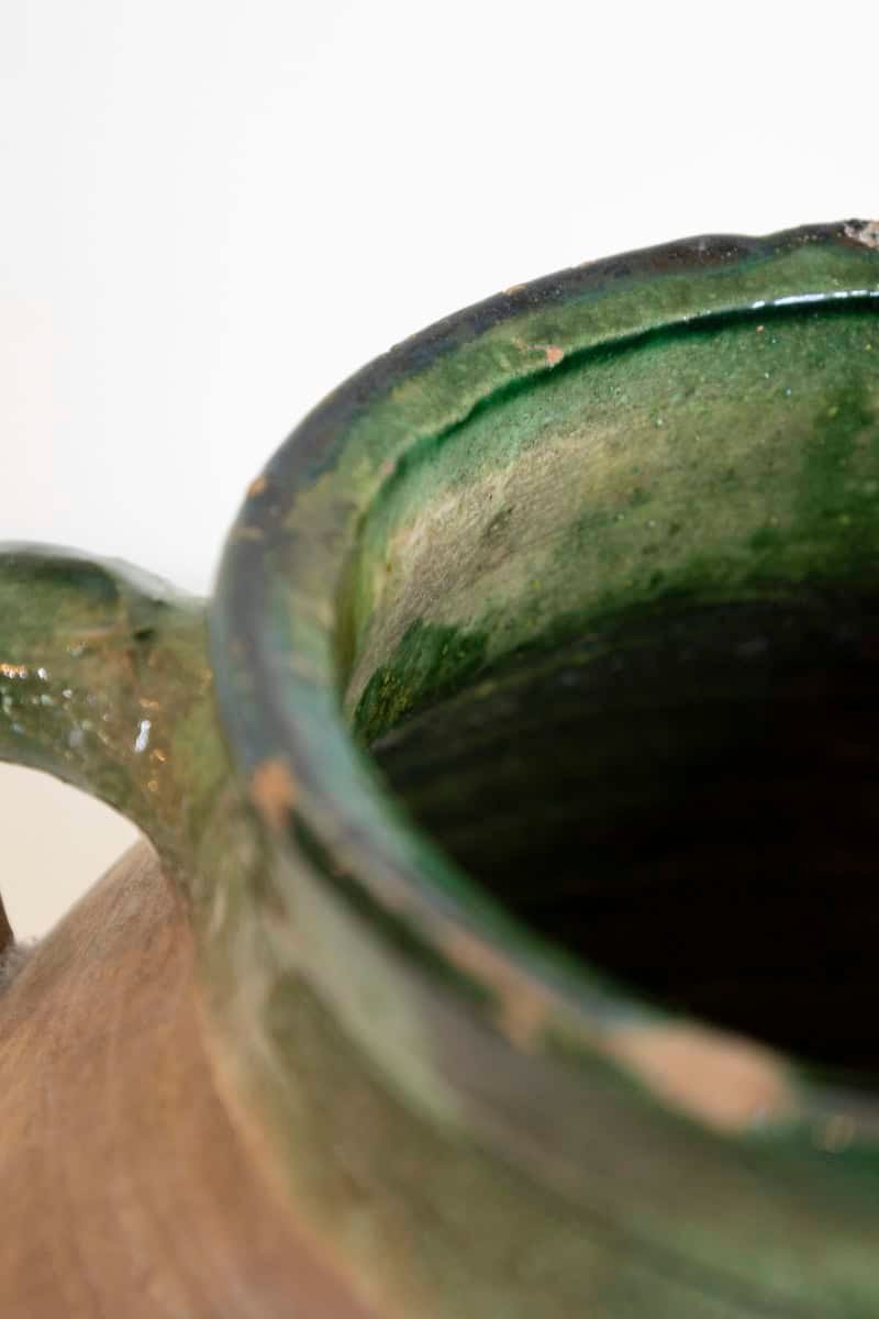 English Rustic 1930s Terracotta Olive Oil Jar Circa 1930 with Green Glazed Top - JAA
