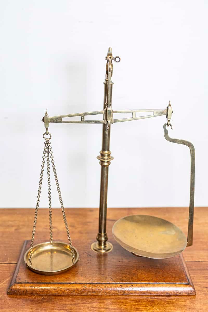 French 19th Century Freestanding Brass Tea Scale Mounted on Wooden Base - JAA