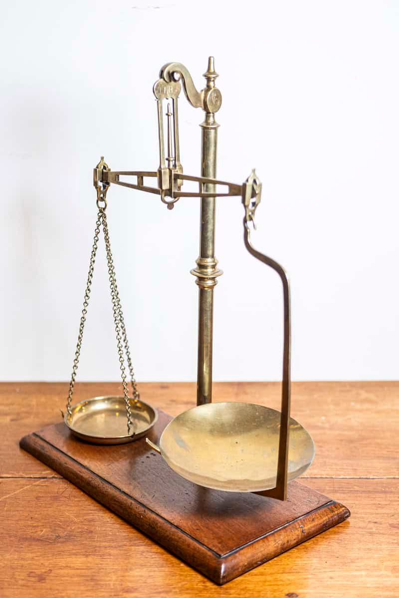 French 19th Century Freestanding Brass Tea Scale Mounted on Wooden Base - JAA