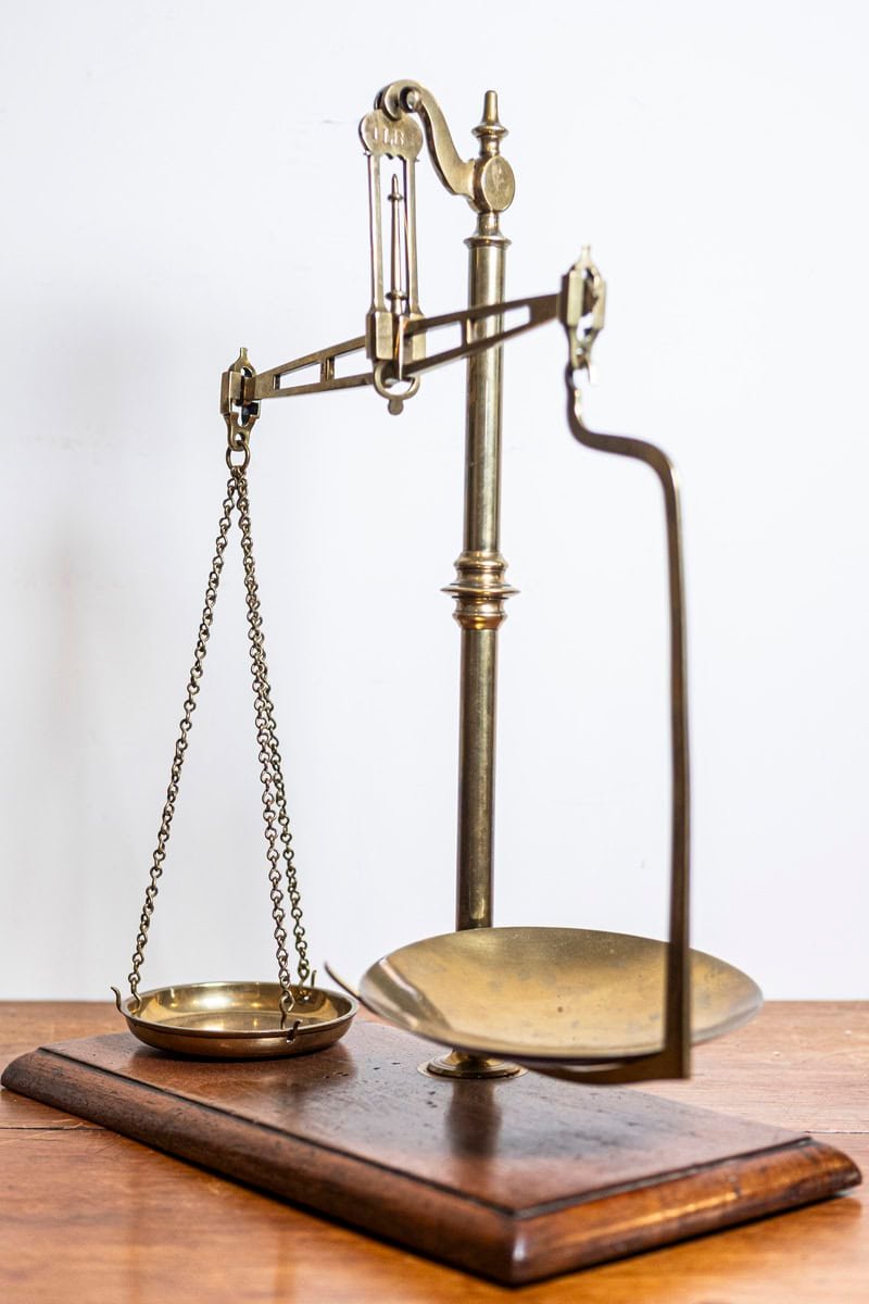 French 19th Century Freestanding Brass Tea Scale Mounted on Wooden Base - JAA