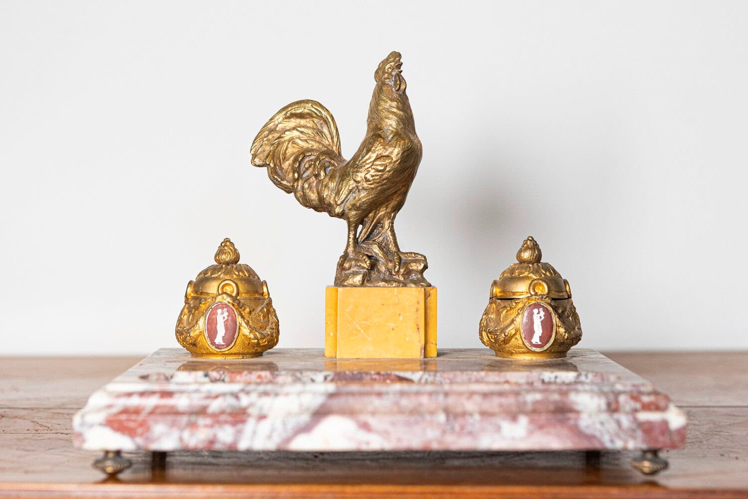 French 19th Century Marble and Gilt Bronze Inkwell with Rooster Motif and Hardstone Cameos - JAA