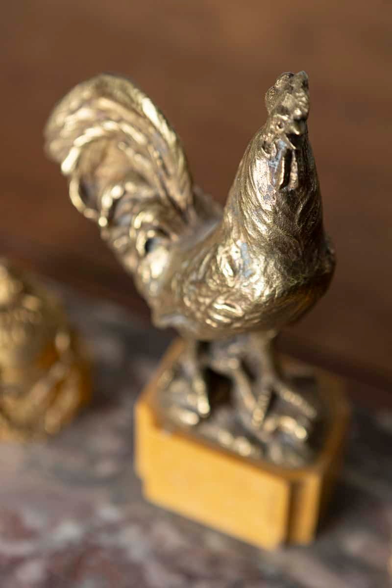 French 19th Century Marble and Gilt Bronze Inkwell with Rooster Motif and Hardstone Cameos - JAA
