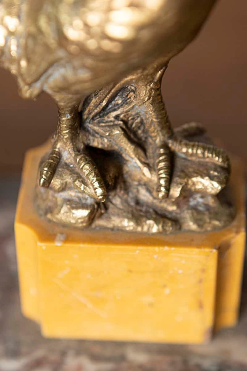 French 19th Century Marble and Gilt Bronze Inkwell with Rooster Motif and Hardstone Cameos - JAA