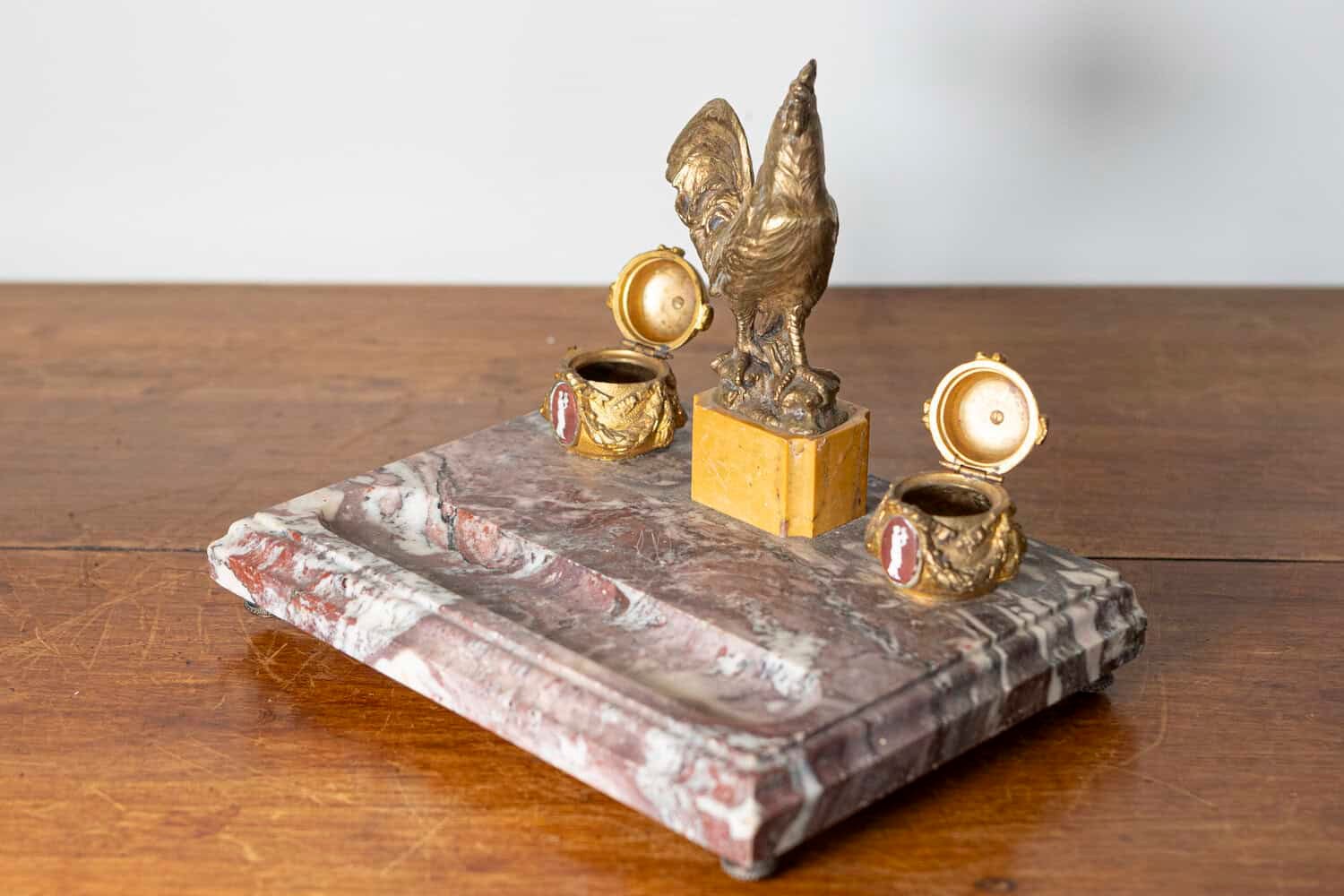 French 19th Century Marble and Gilt Bronze Inkwell with Rooster Motif and Hardstone Cameos - JAA