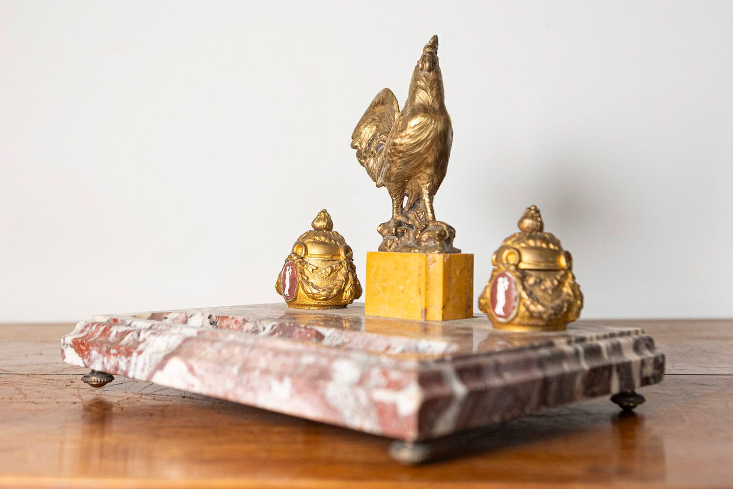 French 19th Century Marble and Gilt Bronze Inkwell with Rooster Motif and Hardstone Cameos - JAA