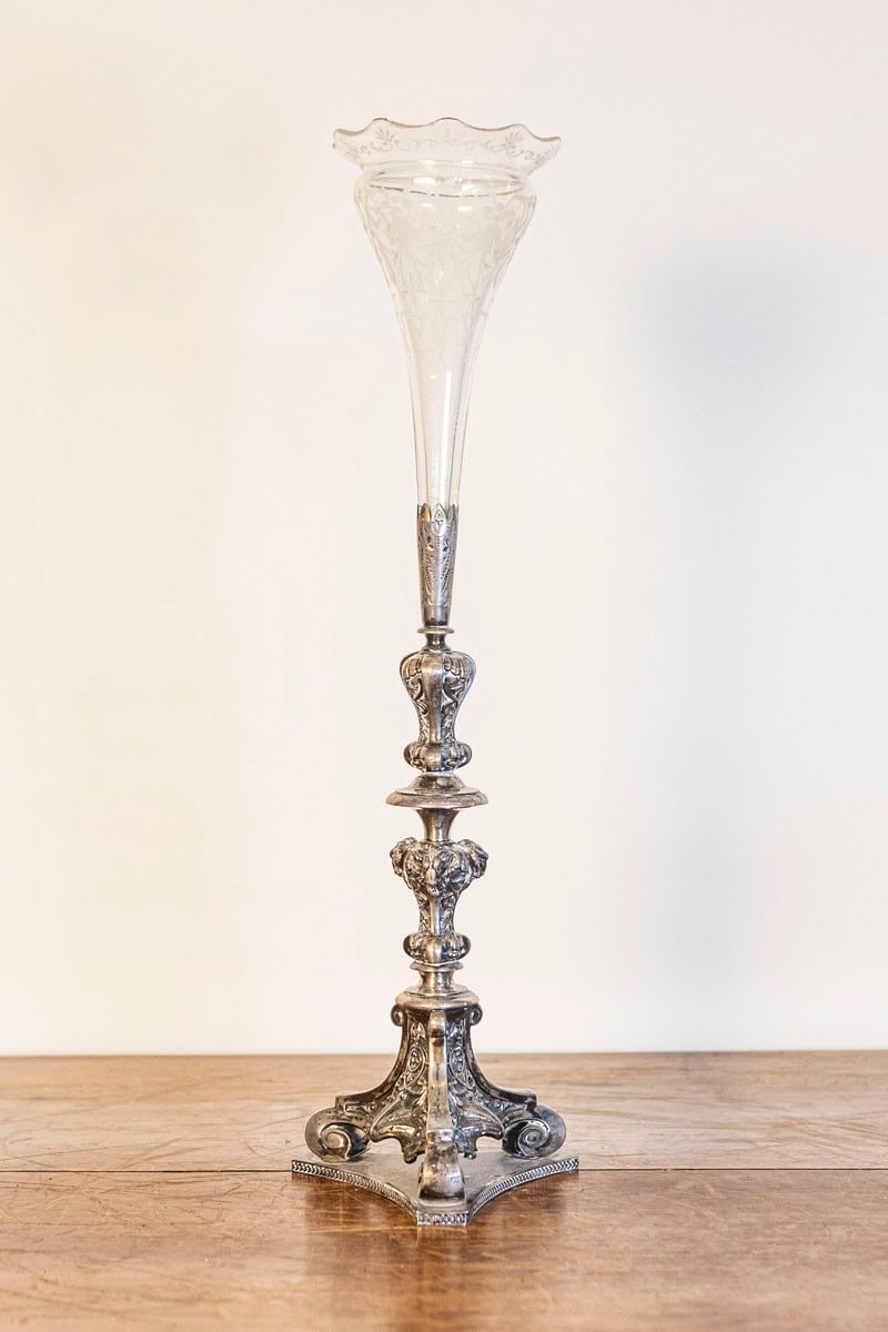 English Late Victorian 19th Century Epergne with Silver Base and Crystal Vase - JAA