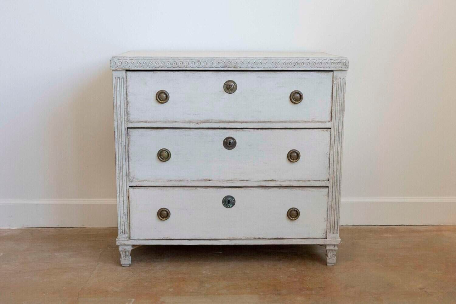 Swedish 1865 Neoclassical Style Painted Three-Drawer Chest with Guilloches - JAA