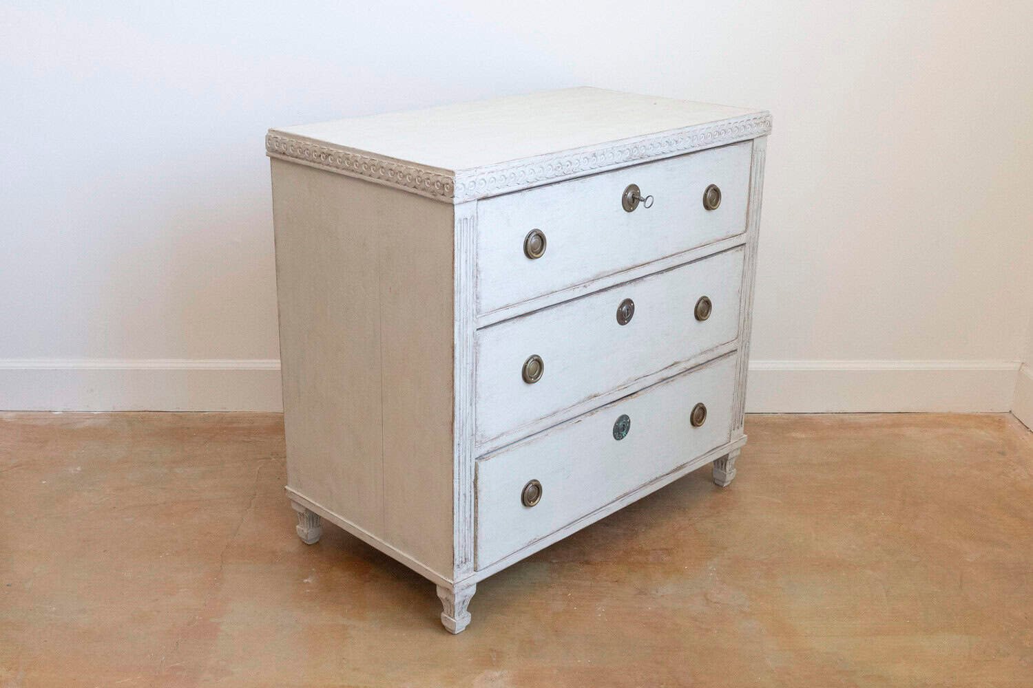 Swedish 1865 Neoclassical Style Painted Three-Drawer Chest with Guilloches - JAA
